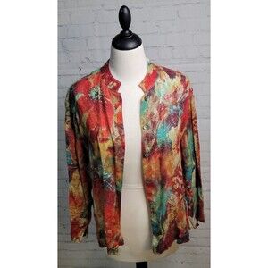 Chico's Women's Linen Floral Colorful Button Down Mandarin Collar Top Sz 1 US M